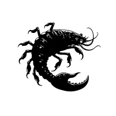 Stylized depiction of a scorpion creature with exaggerated features in monochrome