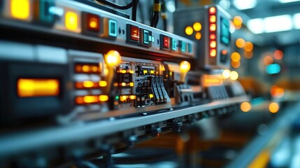 Naklejka premium Close-up of industrial electrical equipment with glowing lights on a production line.