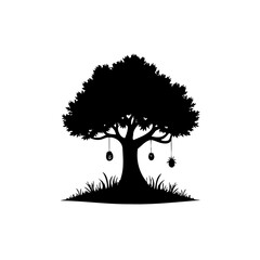 Silhouette of a solitary tree with ornaments, standing on a grassy knoll