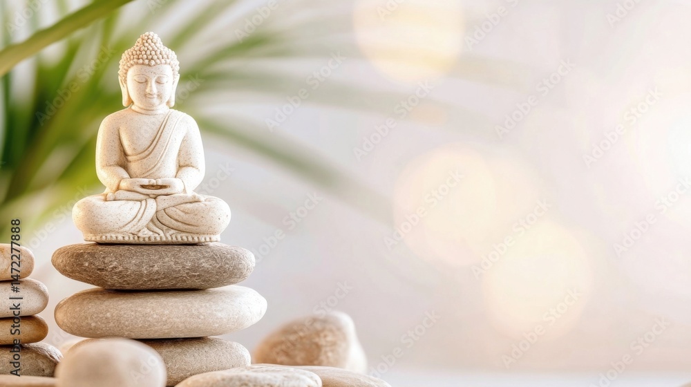 Aufkleber serene buddha statue meditates atop a balanced stack of smooth, grey stones, set against a soft, blu