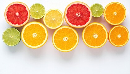 Vibrant citrus fruit arrangement white background food photography fresh environment top-down view healthy concept