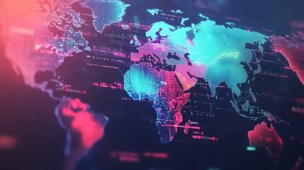 Obraz premium Colorful digital-art world map with glowing data elements in pink, purple, blue, and orange.