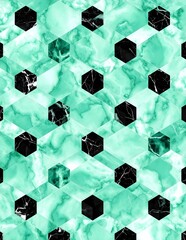 A luxurious geometric pattern features emerald green and black marble cubes outlined in gold, creating a rich, three-dimensional effect.