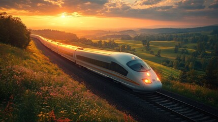 Fototapeta premium High-speed train at sunrise through scenic landscape