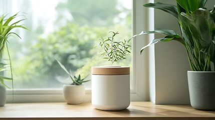 Modern plant pot on windowsill with greenery.