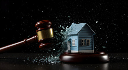 Gavel Strikes Miniature Blue House with Shattered Glass Against Black Background Symbolizing Legal Action and Property Judgement