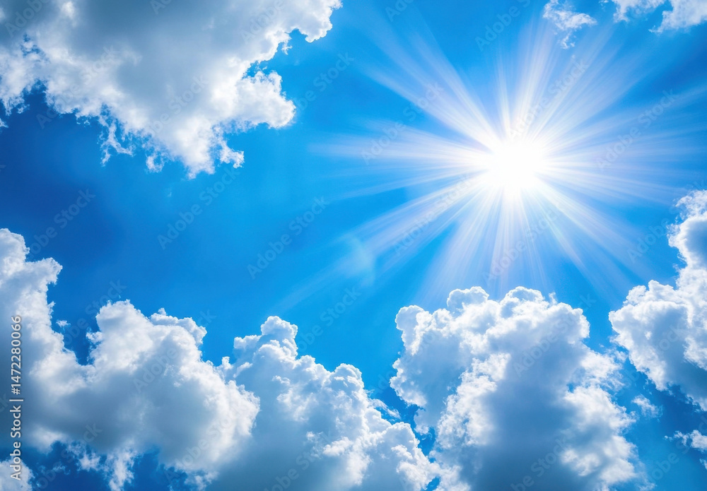Aufkleber bright summer sun rays bursting through fluffy cumulus clouds in a vibrant blue sky, creating a brea