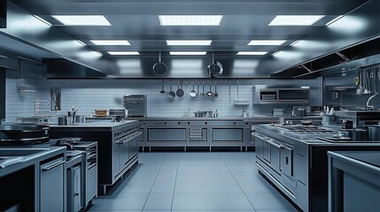 Obraz premium A modern commercial kitchen with stainless-steel appliances, white tiled walls, and ceiling lights.