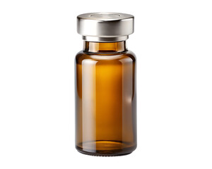 Small amber glass vial with transparent liquid, silver aluminum cap and rubber stopper isolated on white background PNG