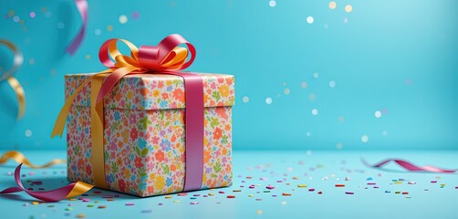 vibrant festive gift box with ribbons against bright backdrop, joyful celebration scene with empty text space