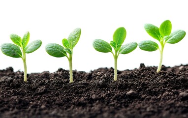 Naklejka premium Four small green plants sprouting from dark soil.