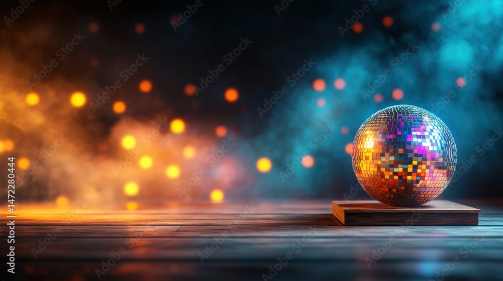 Poster disco ball reflects vibrant colors on a stage with illuminated smoke and bokeh in an abstract settin