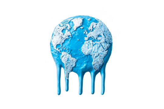 Dripping globe design symbolizing environmental issues and climate change. Png, Transparent background.