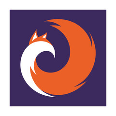 Abstract fox logo design with orange tail and white belly on a purple square