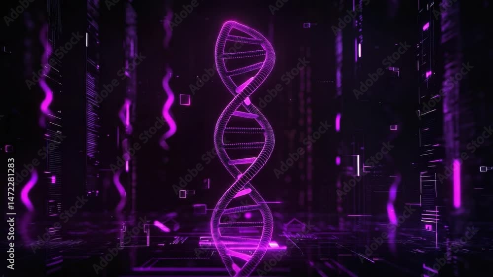 Poster futuristic neon dna helix structure in digital realm with glowing light effects and abstract backgro