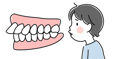 出っ歯（上顎前突）で困っている子供と歯並びのイラスト