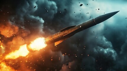 A missile flying through smoke and flames with explosions in a dark sky.