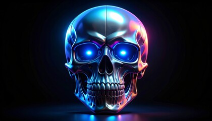 3D illustration of a futuristic metallic skull featuring glowing eyes in a dark, ambient setting. Concept of technology and Halloween.