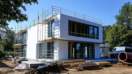A modern two-story house under construction with white walls, glass windows, scaffolding, and materials.