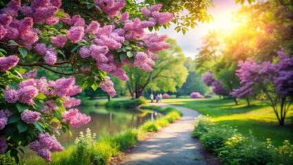 Obraz premium Serene Springtime Pathway with Blooming Lilac Bushes and Sunlit Pond