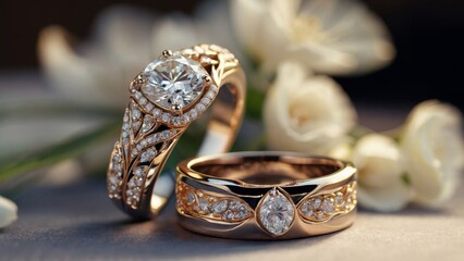 Elegant gold diamond rings with white flowers. A symbol of love, luxury, and eternity.
