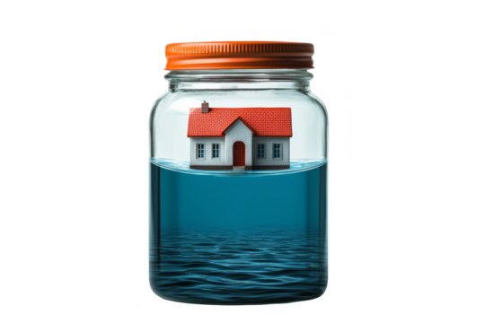 A house model submerged in a jar filled with blue water. Png, Transparent background.