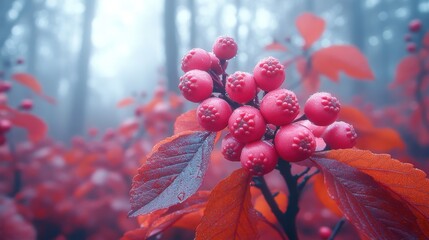 Vibrant pink berries in a misty forest
