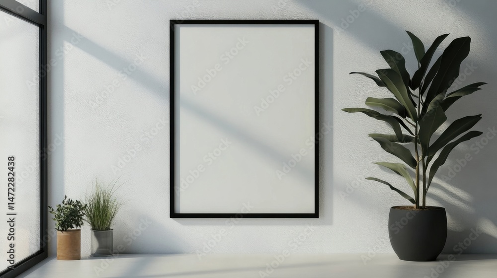 Poster modern minimalist interior scene featuring a blank poster frame, potted plants, and sunlight streami