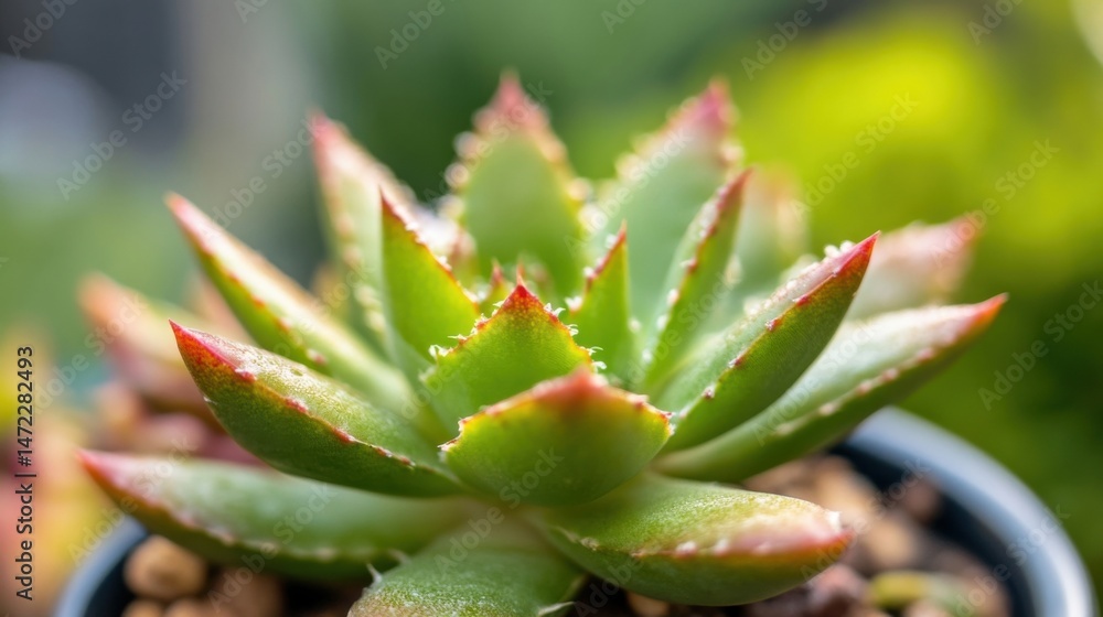 Aufkleber close-up view of a vibrant green succulent plant with reddish edges, showcasing intricate details of