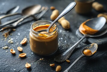Creamy Peanut Butter in Glass Jar Surrounded by Spilled Peanuts and Vintage Silver Spoons on Dark Slate Background for Cozy Kitchen Atmosphere