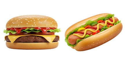 Cheeseburger and Hot Dog with Fresh Toppings on Transparent Background