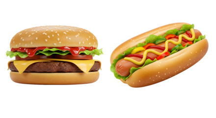 Cheeseburger and Hot Dog with Fresh Toppings on Transparent Background