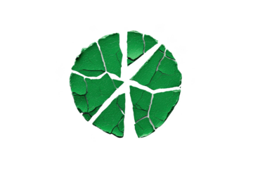 Cracked green circle resembling a pie chart or abstract design. Png, Transparent background.