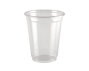 Transparent disposable plastic cup, empty and standing upright  isolated on white background PNG