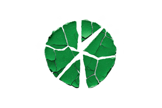 Cracked green circle resembling a pie chart or abstract design. Png, Transparent background.