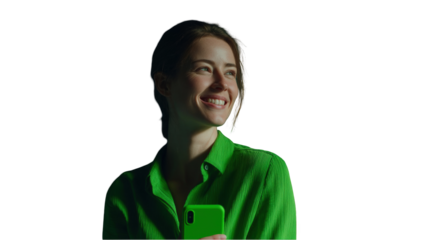 Happy woman in green shirt holding lime green smartphone smiling contentedly looking away thoughtful on transparent background