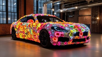 A vibrant sports car covered in colorful floral decorations sits in a modern urban studio setting today.