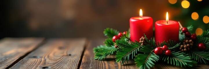 Rustic fir wreath, red candles, wooden table Festive bokeh , focus, celebration, fir