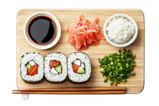 Sushi platter with wasabi, ginger, rice, and soy sauce on a bamboo mat. Png, Transparent background.