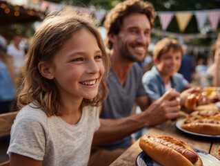 Happy family with children eating hot dogs at outdoor food festival with colorful bunting in background