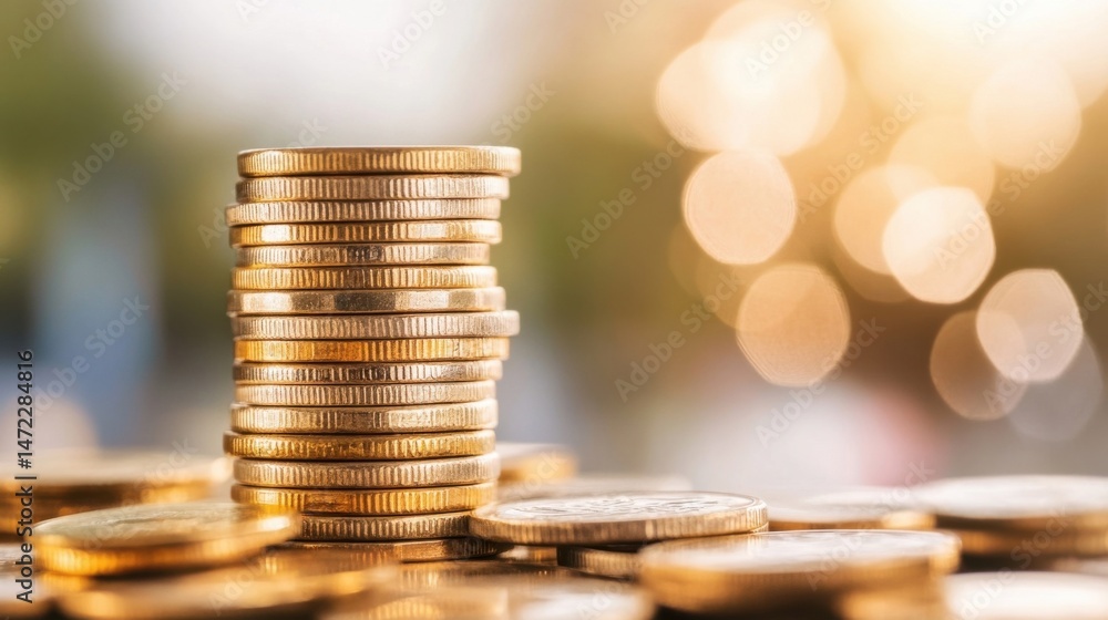 Poster a tall stack of gold coins stands prominently against a softly blurred bokeh background, suggesting 