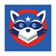 A heroic raccoon mascot cartoon character featuring patriotic colors and a star emblem