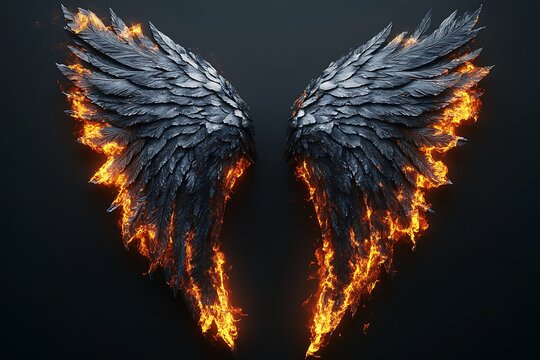 Dramatic pair of black wings emblazoned with fiery flames against dark background