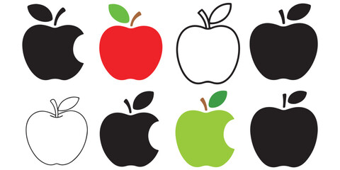 Apple Icon Set Red Black White Outline Graphic Design Element, Apple Icons Set Outline Black Red Green Variations, Black Apple Silhouettes