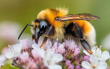 Fluffy Bumblebee Sipping Nectar from Pink Flowers
