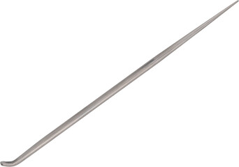 Curved metal needle tool with bent tip on white background