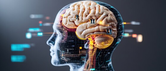 The human brain is visualized through digital interface for neuroscience and mental health research.
