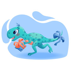 A cute dinosaur is running with a gift box. Charming prehistoric animal, a tyrannosaurus with a bow on its tail. Isolated vector illustration for design, prints and patterns