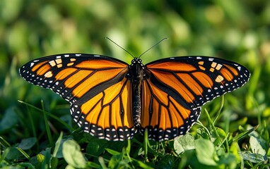 Naklejka premium Monarch Majesty Wings Spread on Green