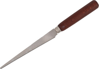 Pointed pottery knife with dark wood handle for carving clay